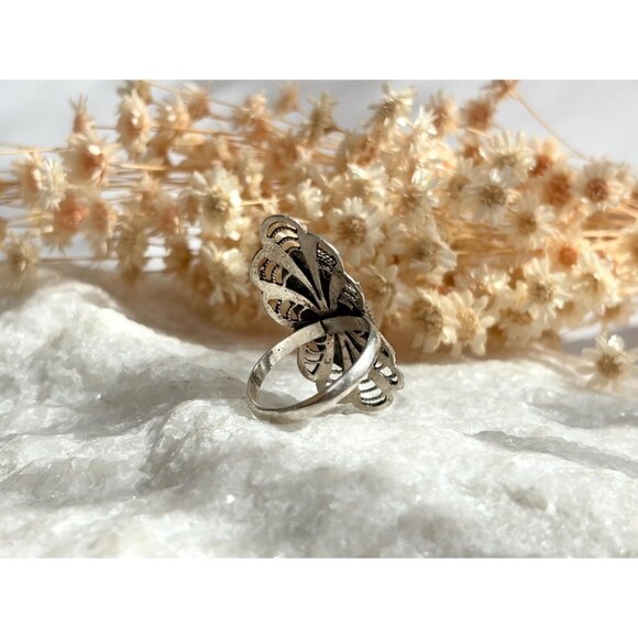 Carnelian Accented Southwest Scalloped 925 Sterling Silver Vintage Ring - sz 8 - Picture 4 of 12